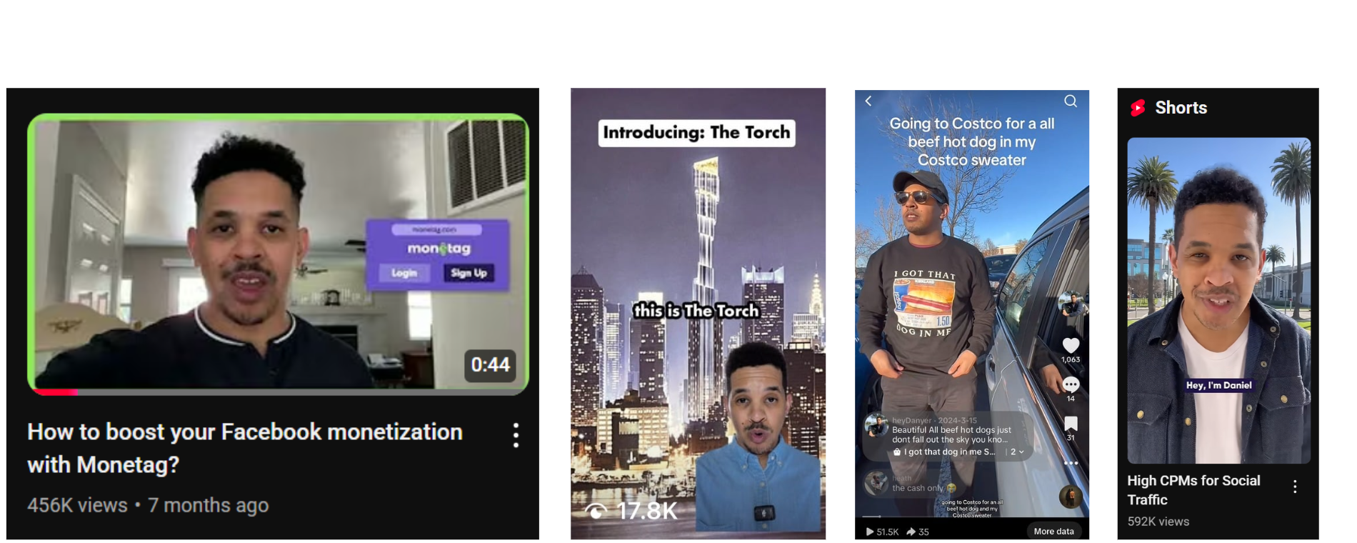 Video performance screenshots showing Monetag with 456K views, The Torch with 17.8K views, social engagement UI, and Shorts with 592K views